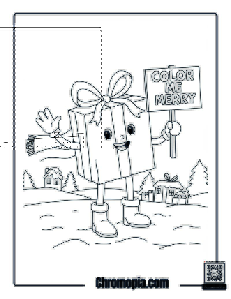 Waving Box – Christmas present character with waving arms coloring sheet