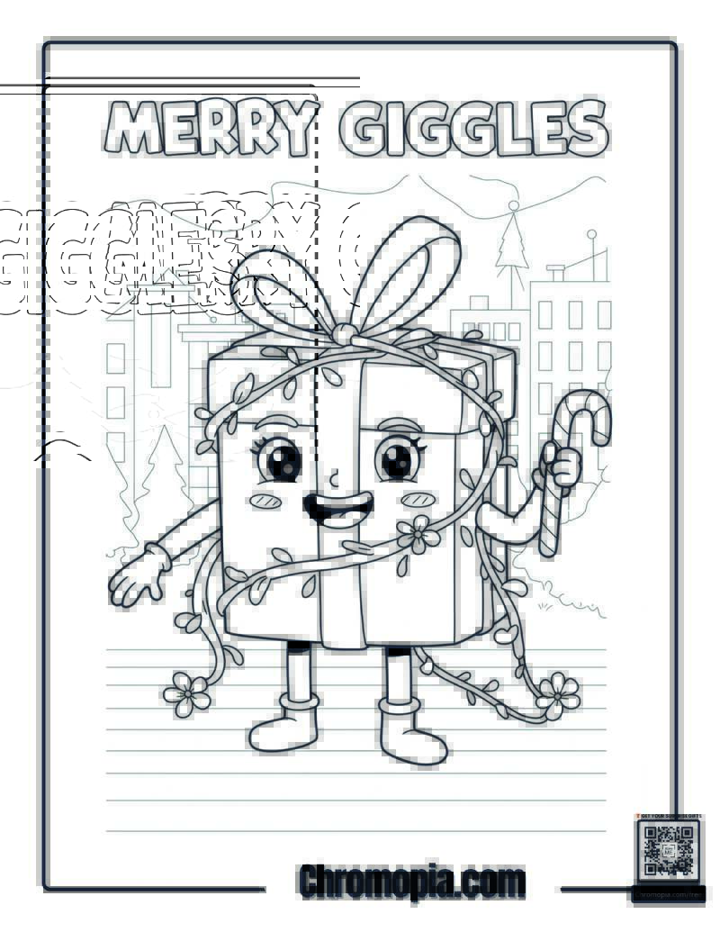 Wrapped Giggles – Funny flower-wrapped gift with smiling face coloring sheet
