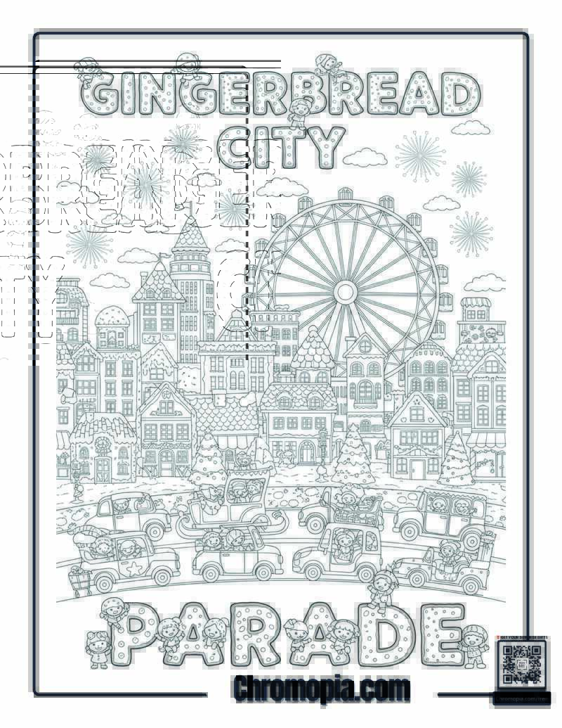 Gingerbread City In Christmas Parade Coloring Sheet