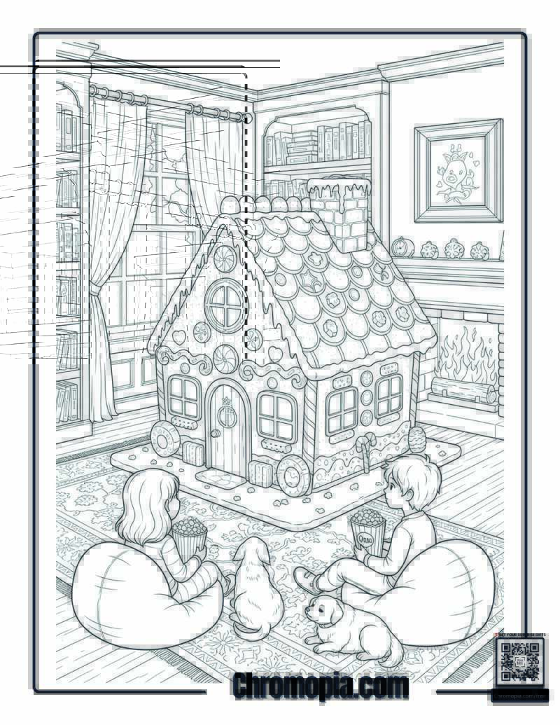Gingerbread House Inside Cozy Living Room Coloring Page