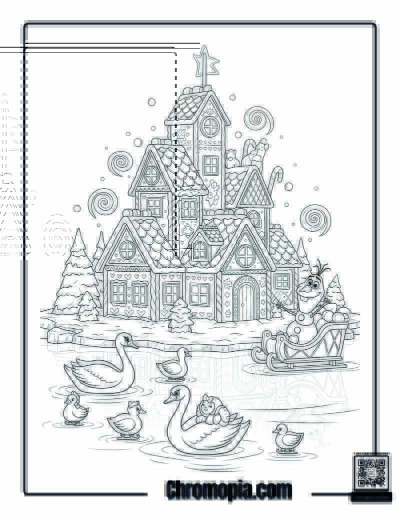Gingerbread Mansion On Frozen Lake Coloring Sheet