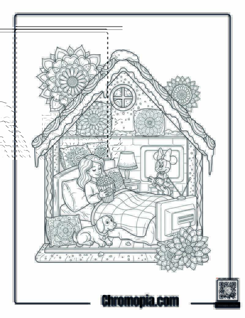 Cozy Bedroom Gingerbread House Coloring Page