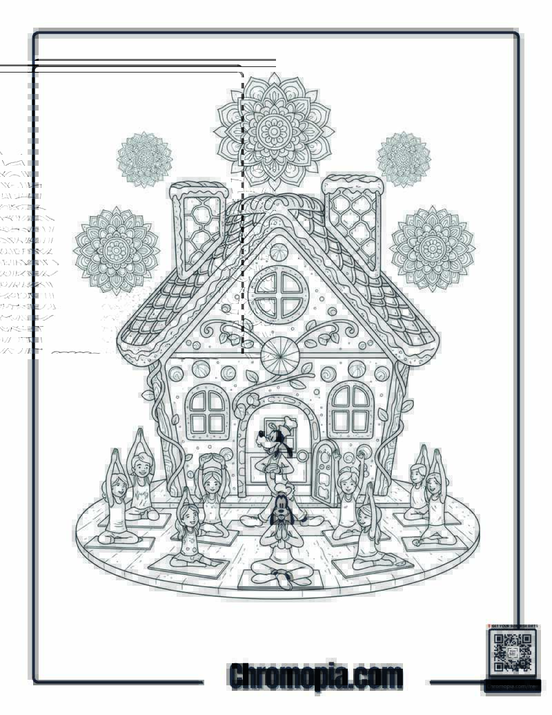 Yoga Gingerbread House Garden Coloring Sheet