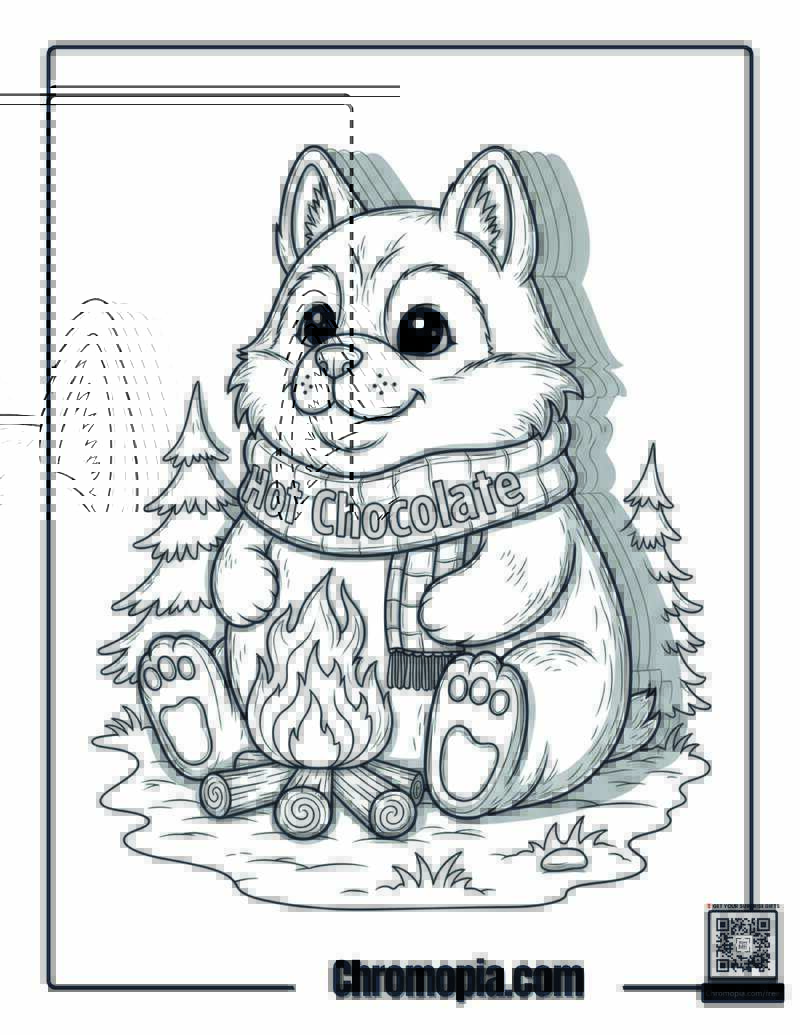 Forest Hot Chocolate Cozy Campfire Evening Coloring Sheet