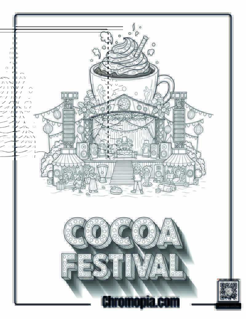Giant Hot Cocoa Festival Nighttime Scene Coloring Page