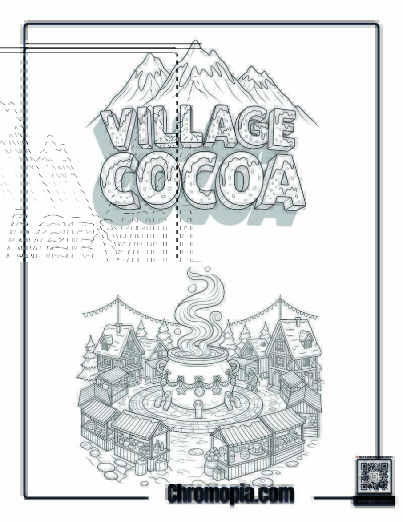 Hot Cocoa Mountain Village Winter Festival Coloring Sheet