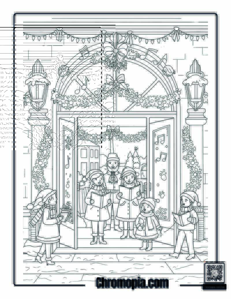 Christmas Concert Hall Entry with Mistletoe and Carolers Coloring Sheet