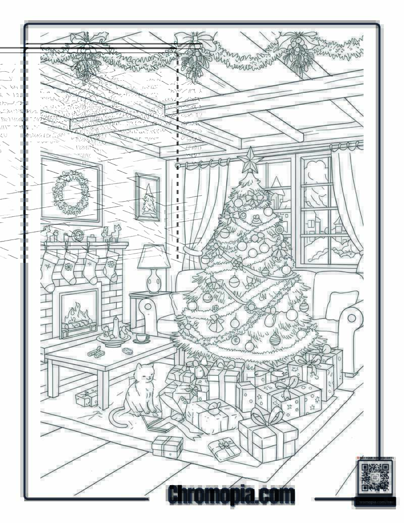 Christmas Living Room with Tree, Gifts, and Mistletoe Ceiling Sprigs Coloring Sheet