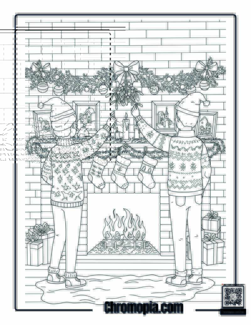Couple Decorating a Fireplace with Mistletoe Garland Coloring Page
