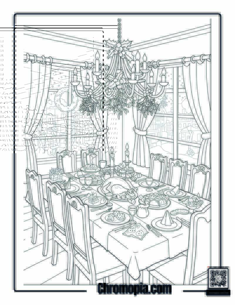 Elegant Dining Room Christmas Feast with Hanging Mistletoe Coloring Sheet