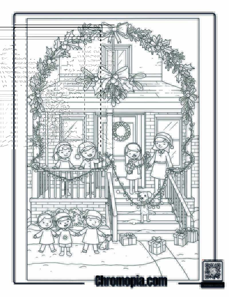 Family Decorating Front Porch with Hanging Mistletoe and Lights Coloring Sheet