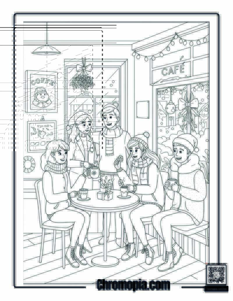 Friends Hanging Mistletoe at a Christmas Café Gathering Coloring Page