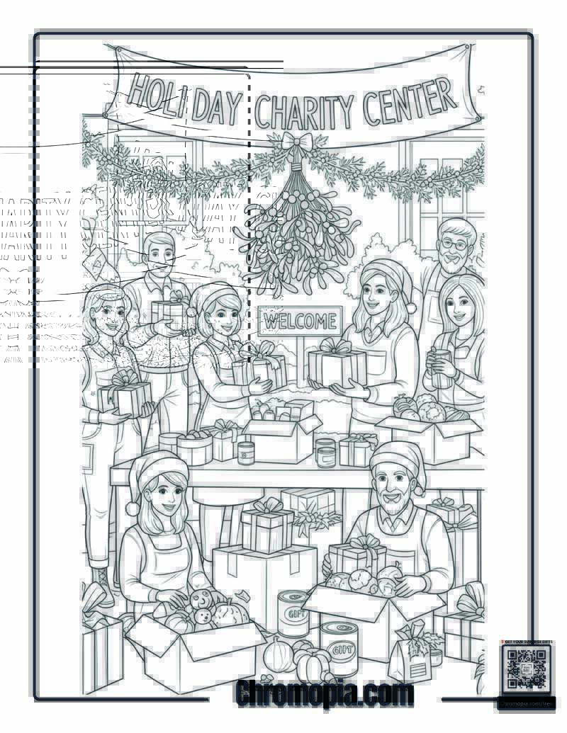 Holiday Charity Event with Volunteers Holding Mistletoe and Gifts Coloring Page