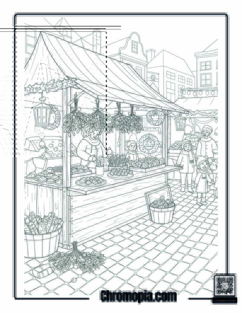 Holiday Market Scene with Mistletoe Vendor Stand Coloring Page