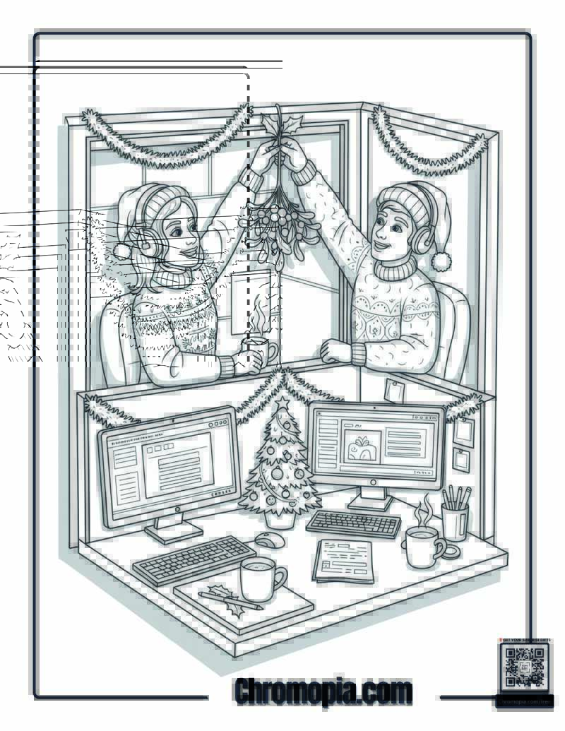 Office Workers Hanging Mistletoe in a Decorated Cubicle Coloring Page