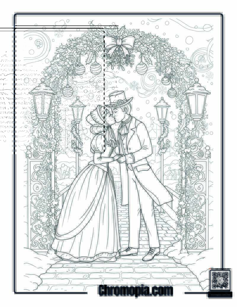 Victorian Couple Kissing Under Mistletoe Archway Coloring Page