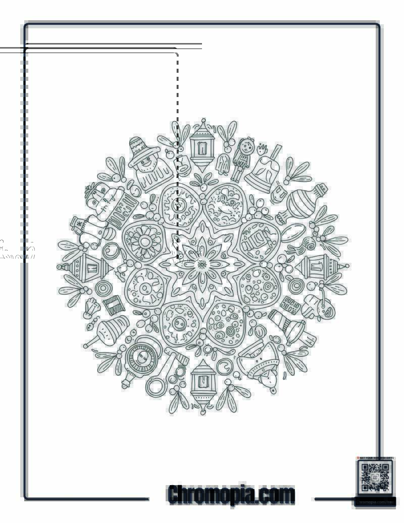 Global Holiday Mistletoe Mandala with Cultural Symbols Coloring Page