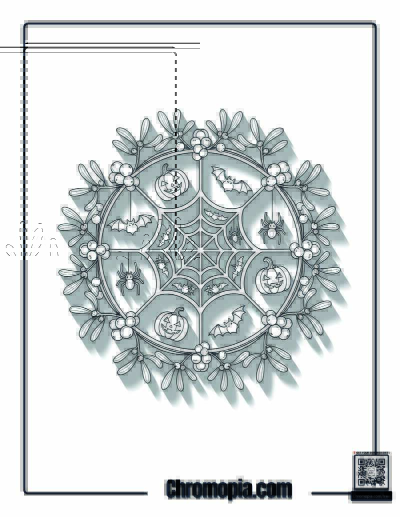 Halloween Mistletoe Spider Web Mandala Coloring Sheet