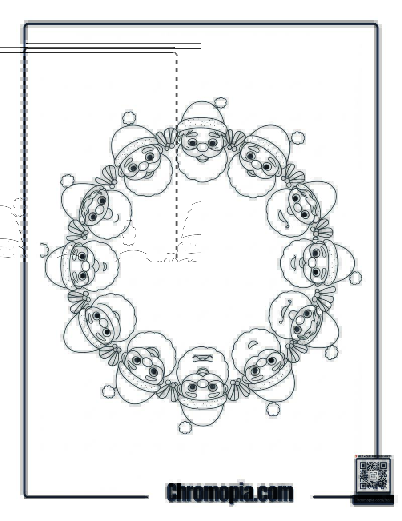 Mistletoe Mandala with Faces of Santa, Elves, and Snowmen Coloring Sheet