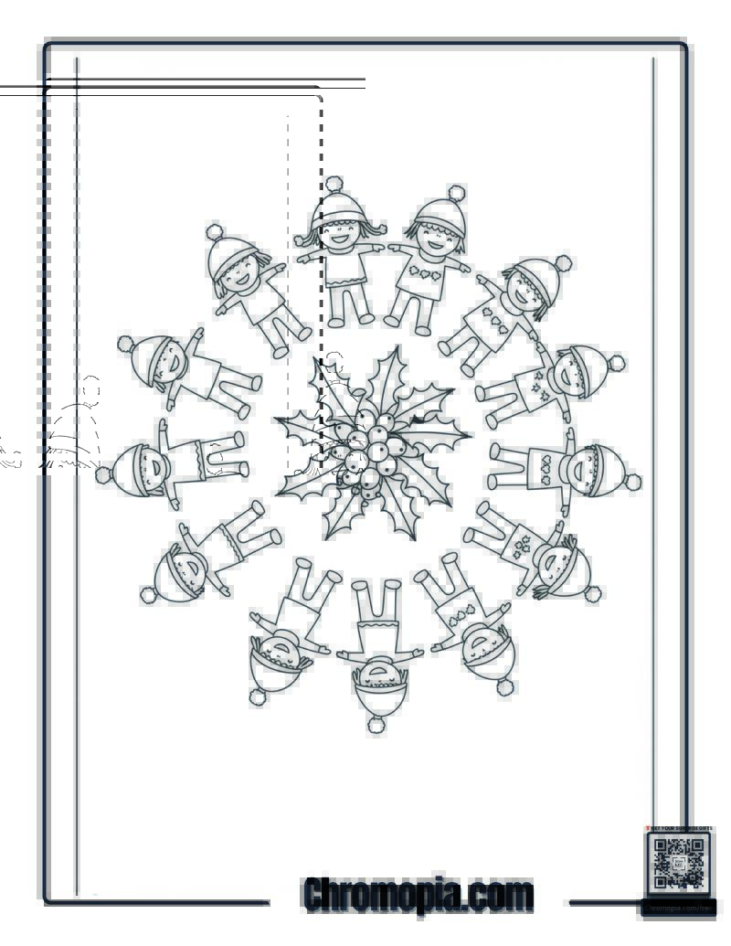 Mistletoe Mandala with Kids Holding Hands Around Circle Coloring Sheet