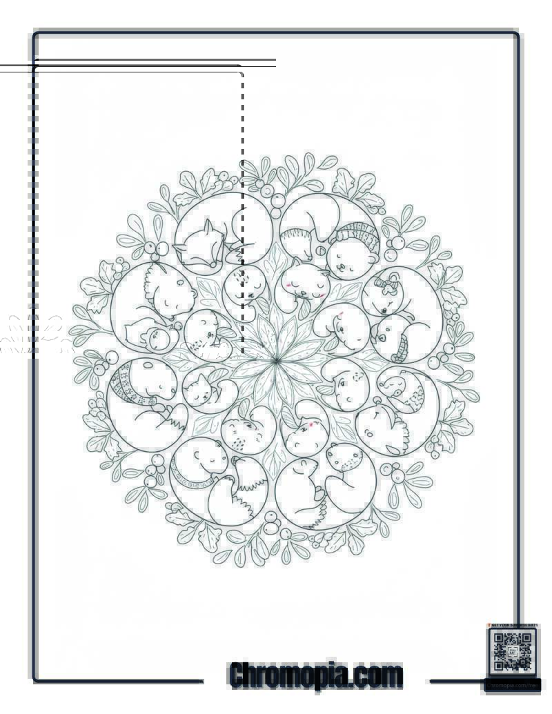 Mistletoe Mandala with Sleeping Christmas Animals Coloring Page