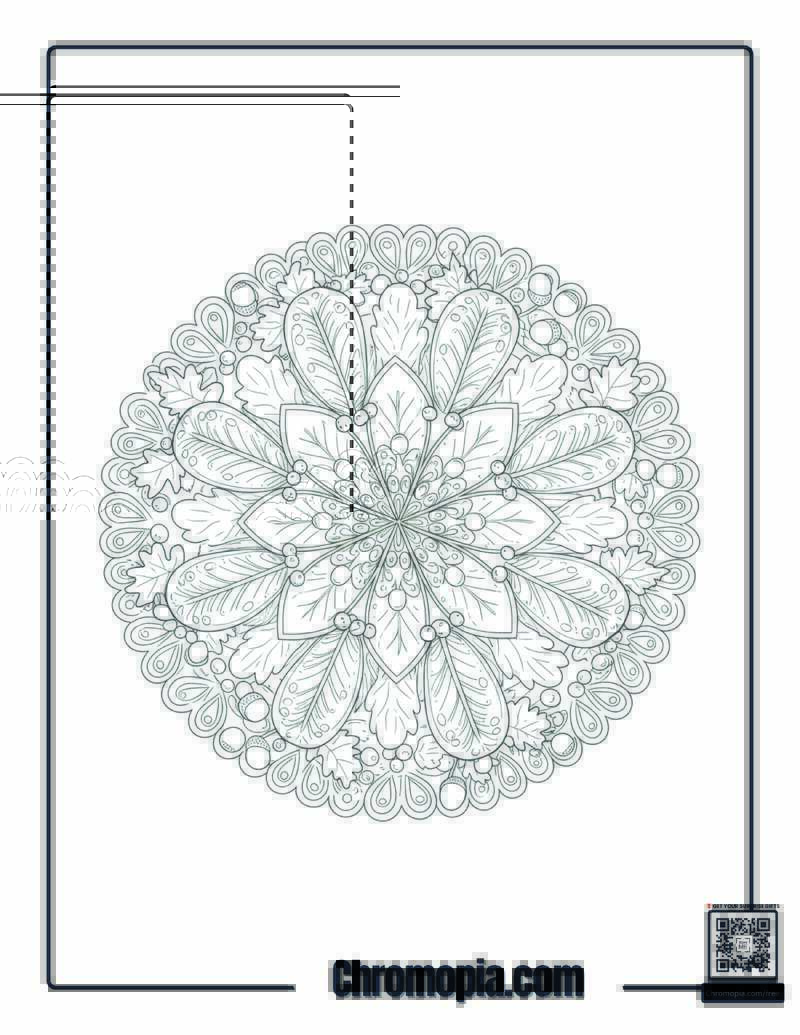 Thanksgiving Mistletoe Mandala with Fall Leaves and Turkey Feathers Coloring Sheet
