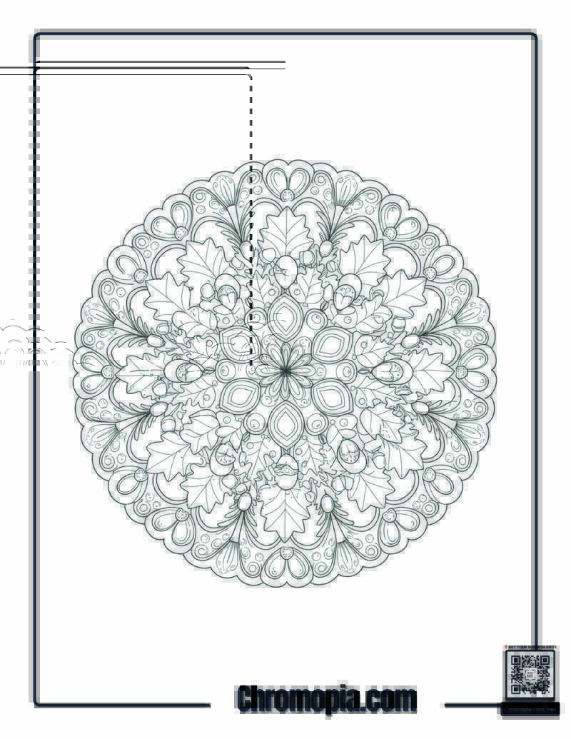 Winter Festival Mistletoe Mandala with Snowflakes and Lanterns Coloring Page
