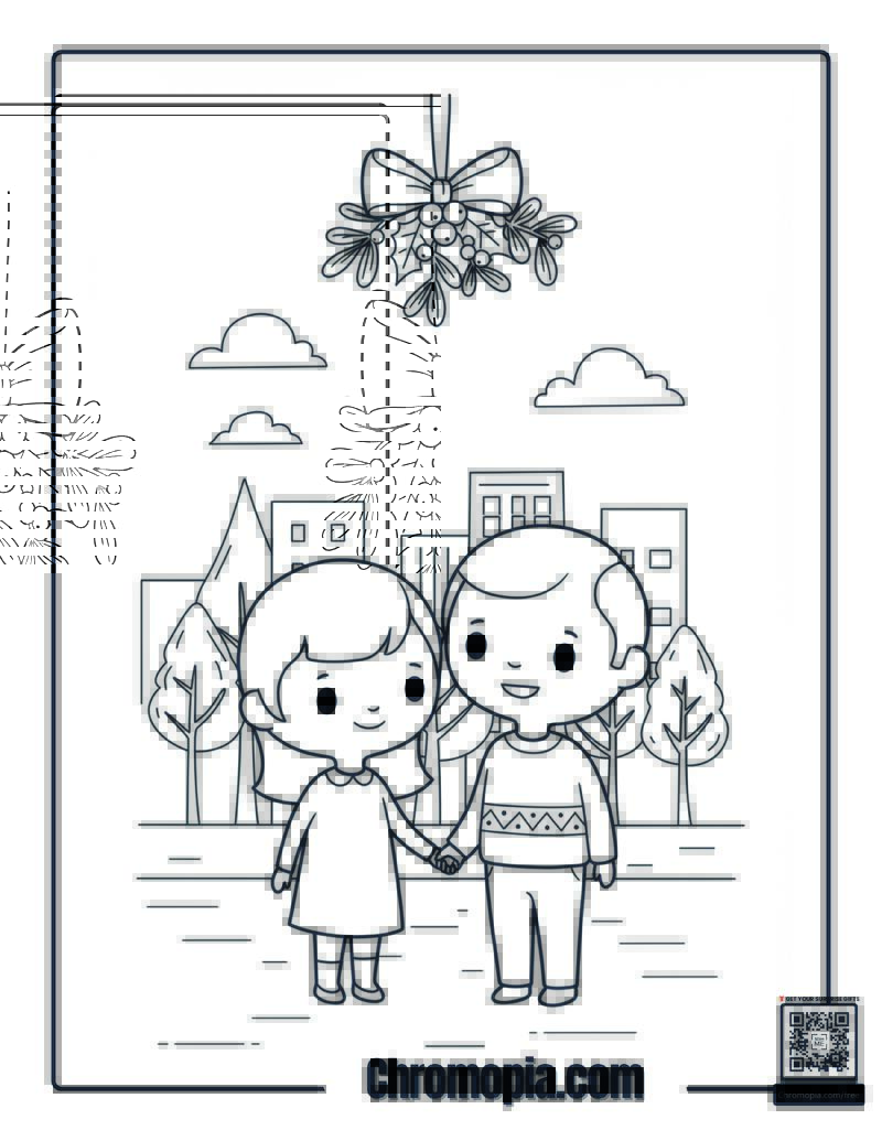Couple Under the Mistletoe Outline Coloring Page