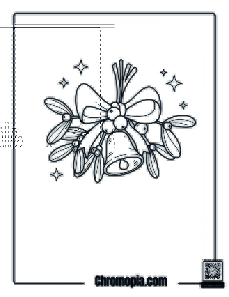 Cute Mistletoe with Bell and Stars Coloring Page