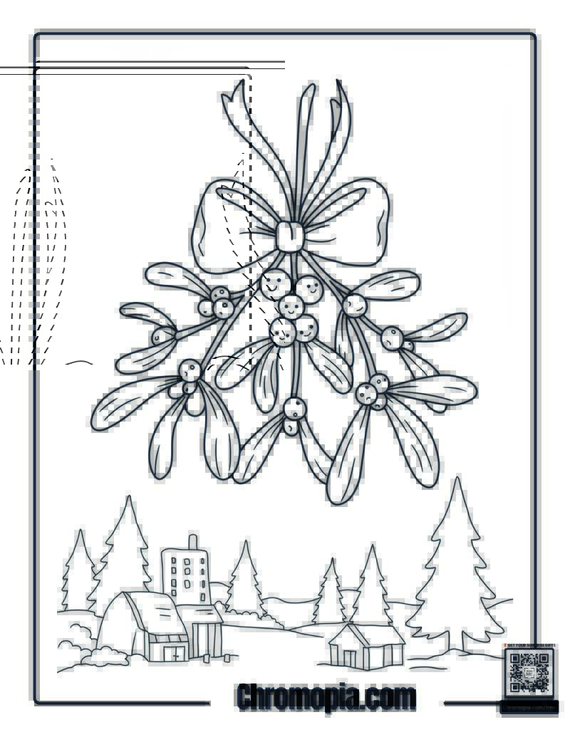 Mistletoe Doodle with Bowtie Berries Coloring Sheet