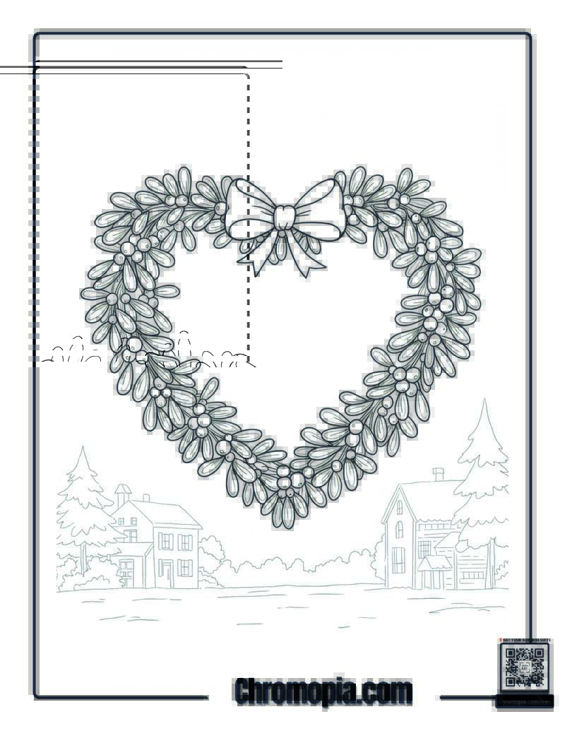 Romantic Mistletoe with Heart Berries Coloring Page