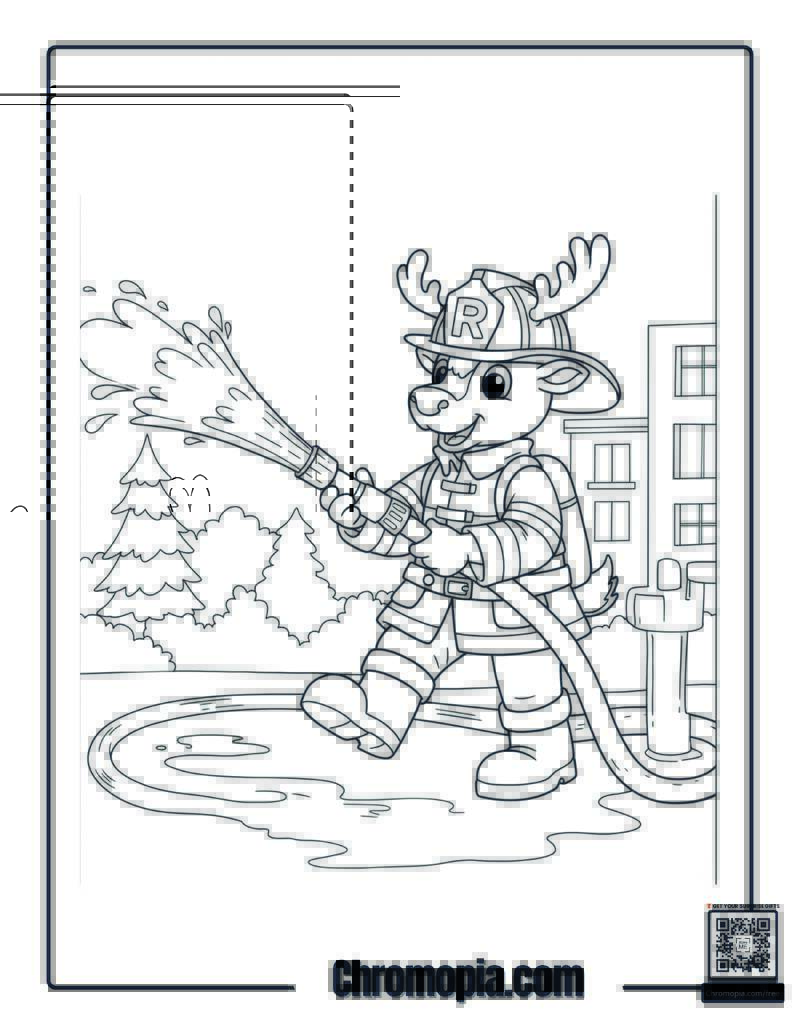 Firefighter Rudolph Holding Hose Coloring Page