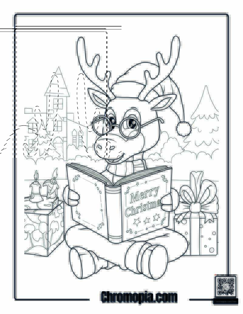 Rudolph Reading a Christmas Book Coloring Page