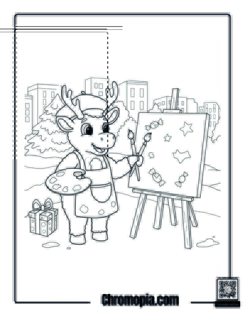 Rudolph as an Artist Painting Coloring Sheet