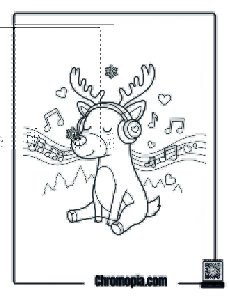 Rudolph Listening to Music With Headphones Coloring Sheet