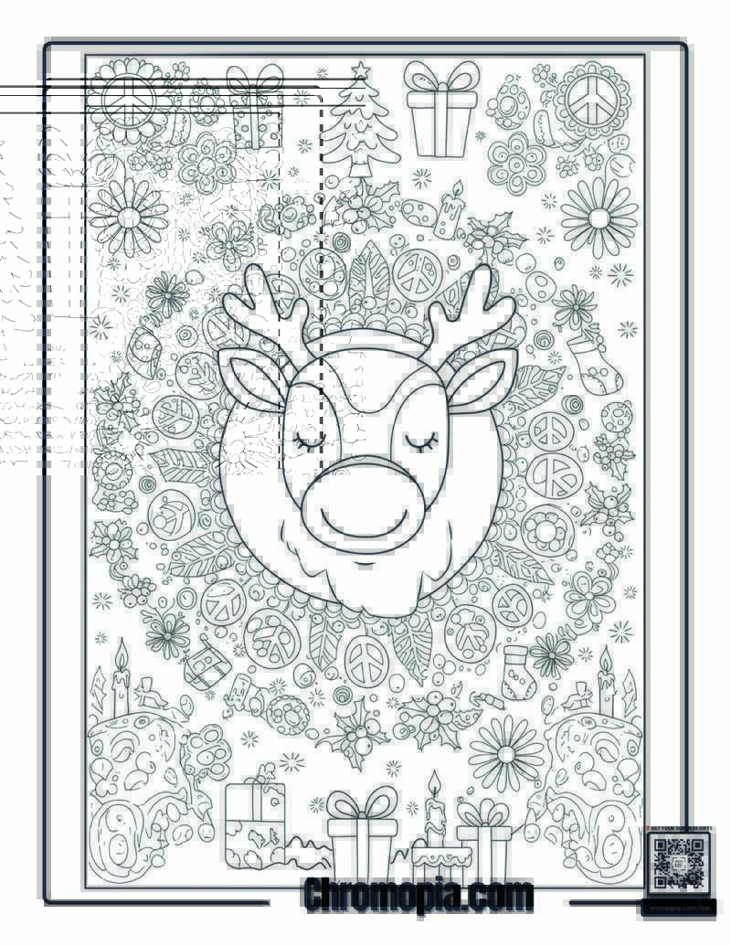 Rudolph Surrounded By Peace Mandala Symbols Coloring Page