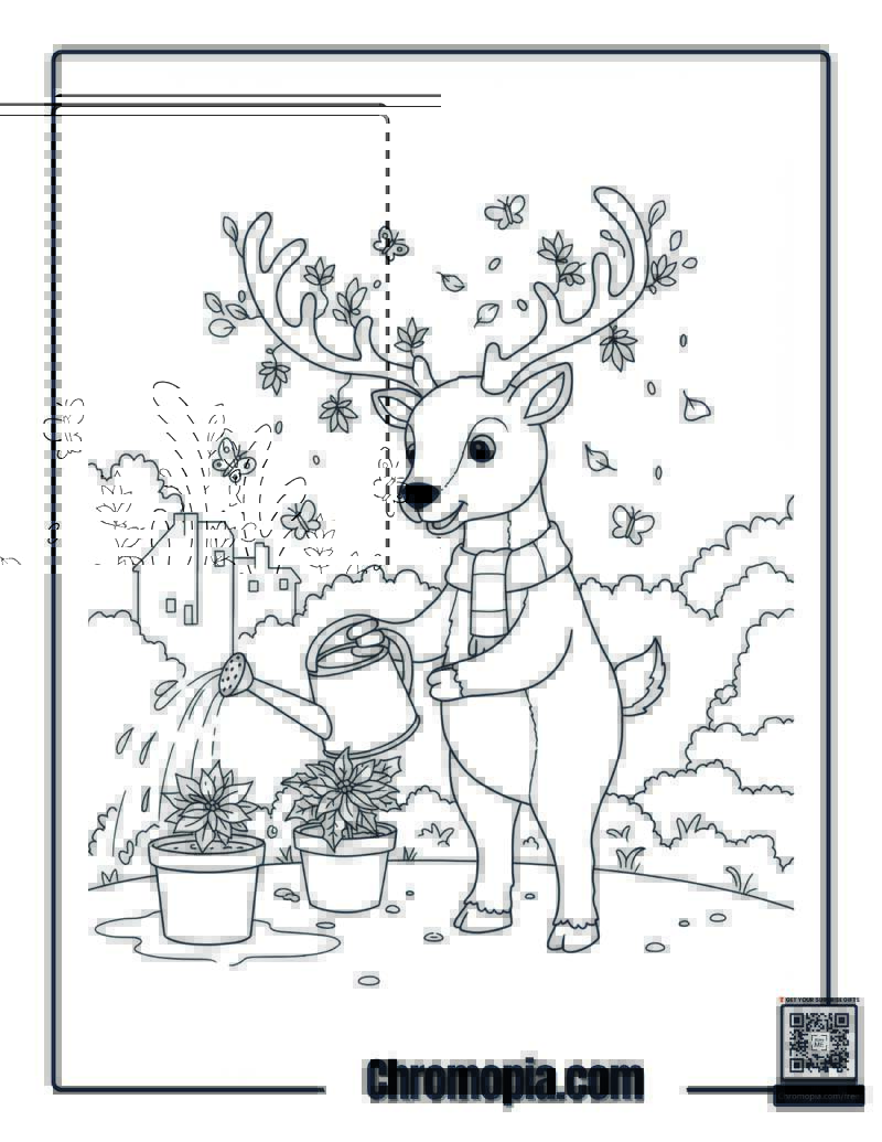 Rudolph Watering a Flower Pot Coloring Page
