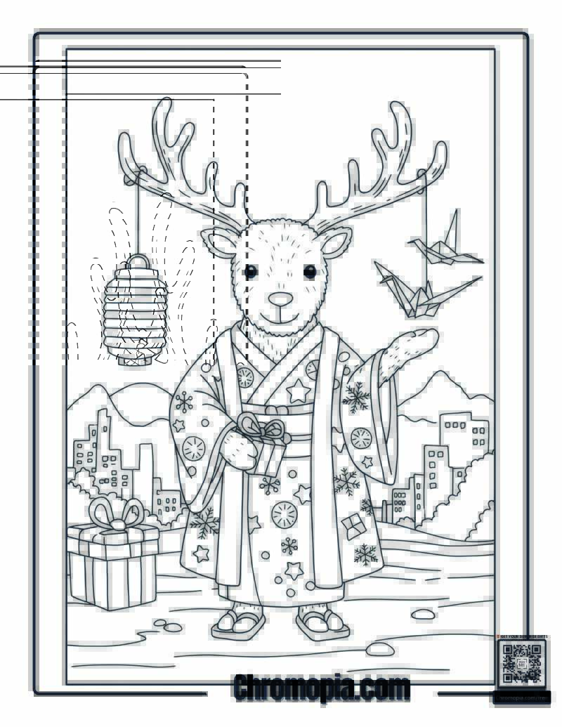 Rudolph Wearing Traditional Japanese Kimono Coloring Page