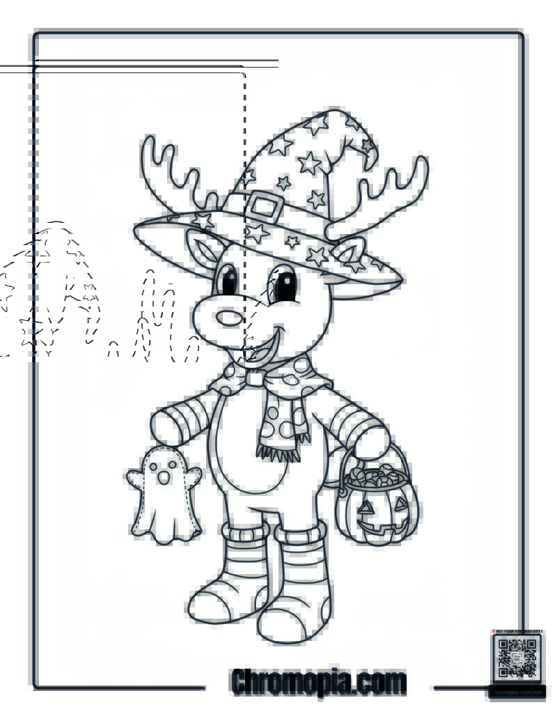 Rudolph Wearing Witch Hat and Pumpkin Socks Coloring Sheet