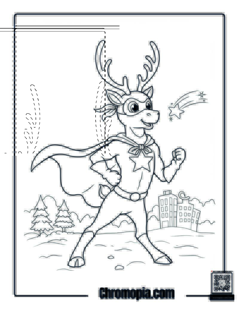 Superhero Rudolph With Cape and Mask Coloring Page