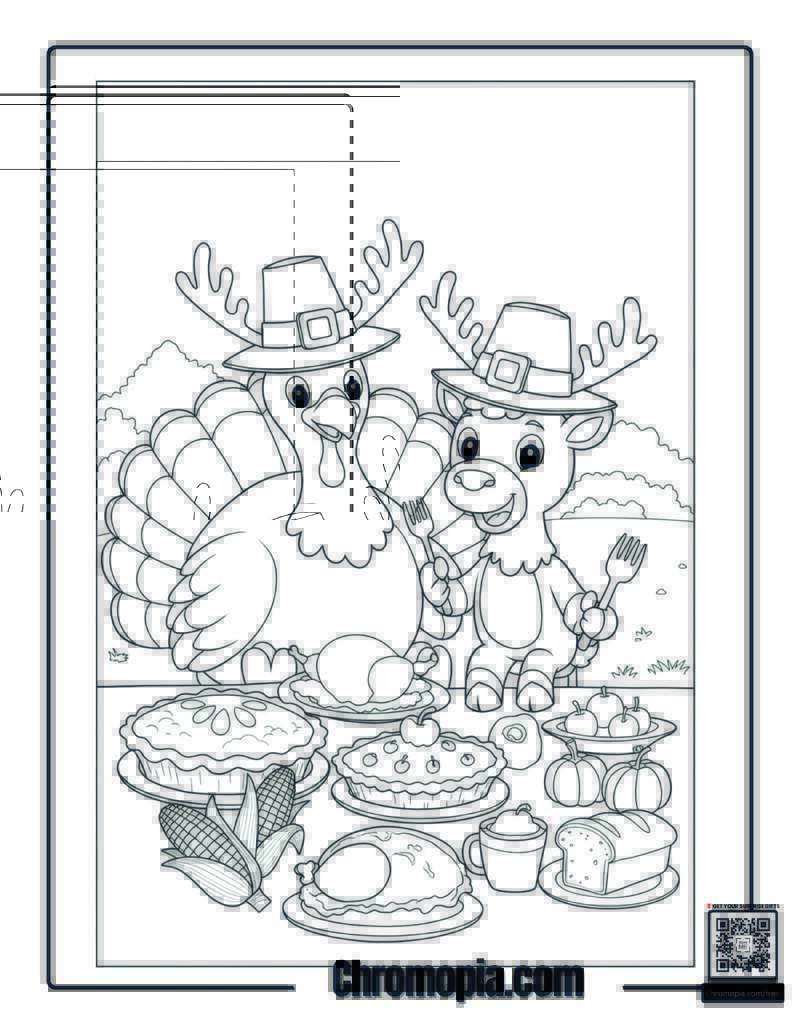 Thanksgiving Feast With Rudolph and Turkey Coloring Page