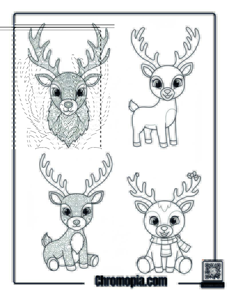 Multiple Rudolph Coloring Page (Mandala, Cartoon, Realistic, Including Kids)