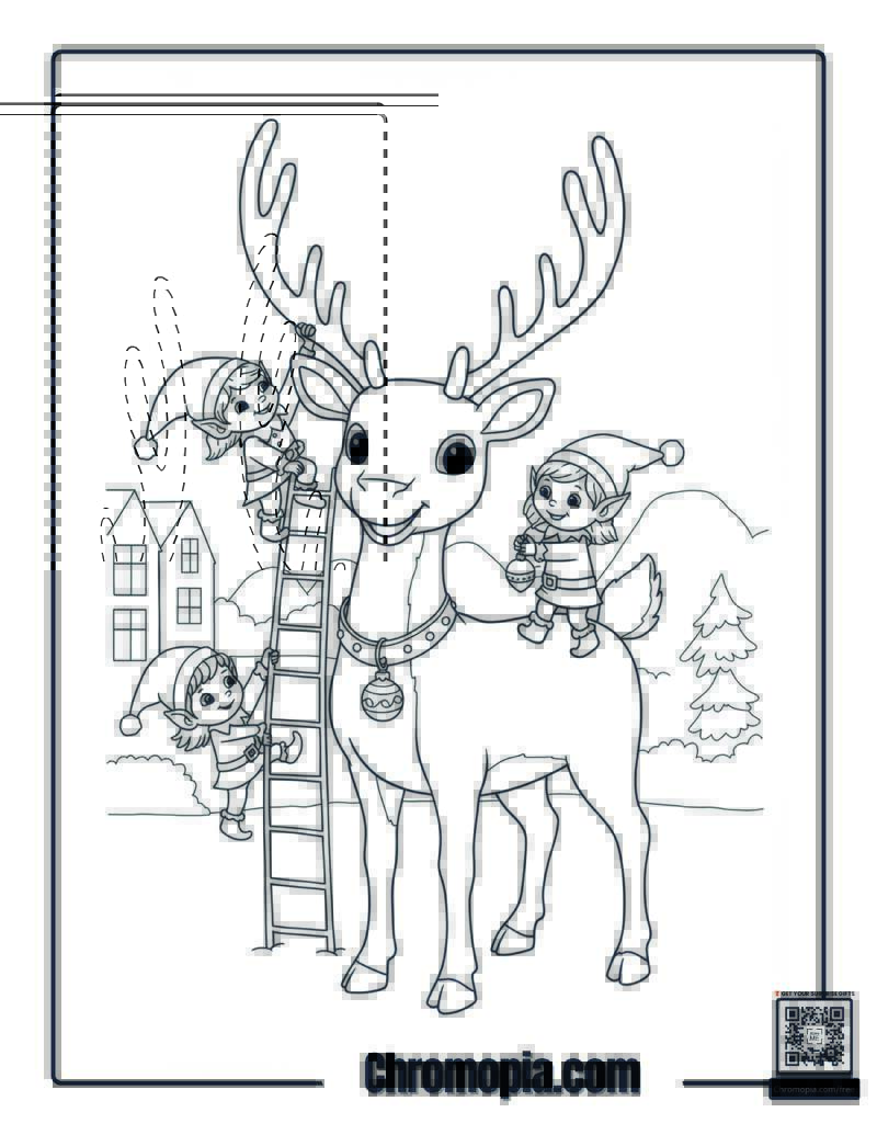 Rudolph with Elves Coloring Page