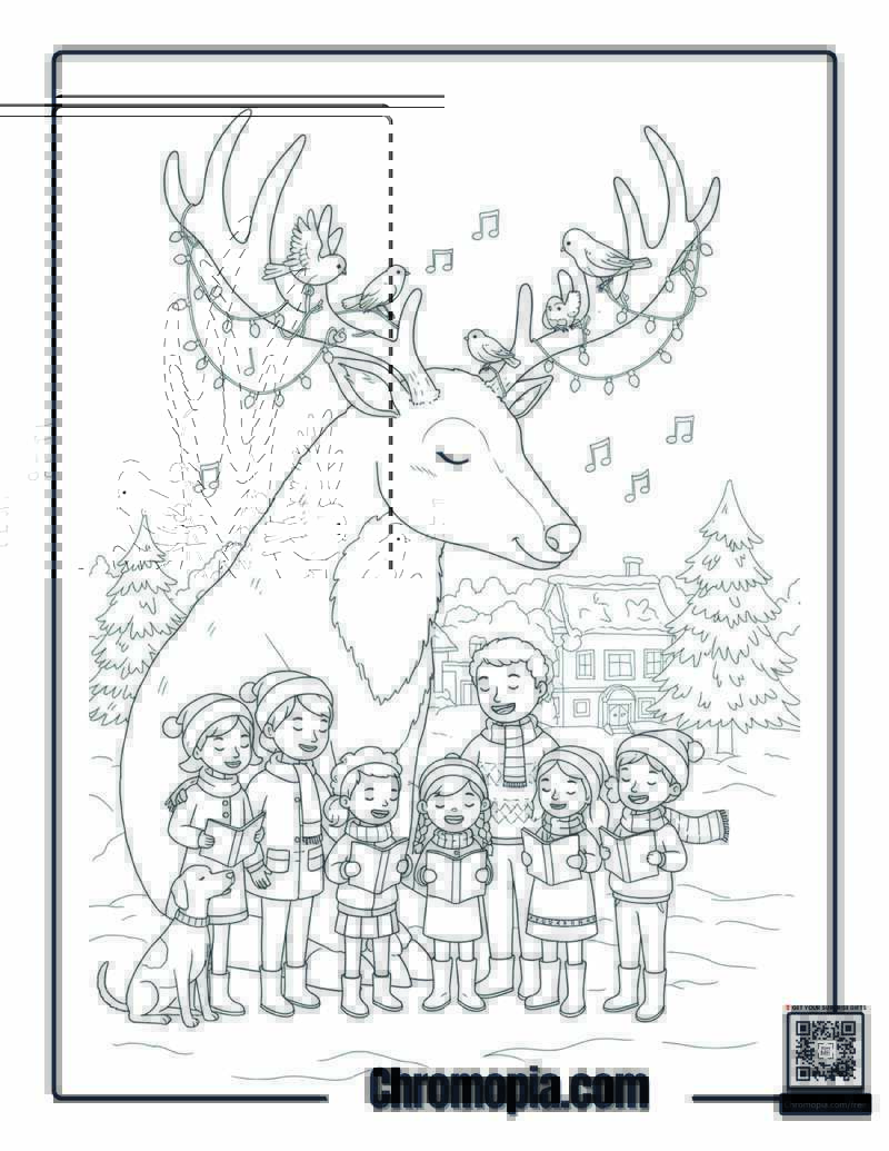 Giant Rudolph With Caroling Family Coloring Page