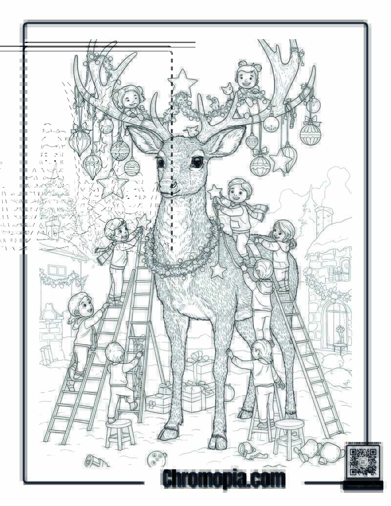 Kids Decorating Giant Rudolph Coloring Page