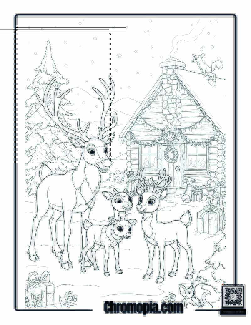 Rudolph Family Outside Cozy Cabin Coloring Page
