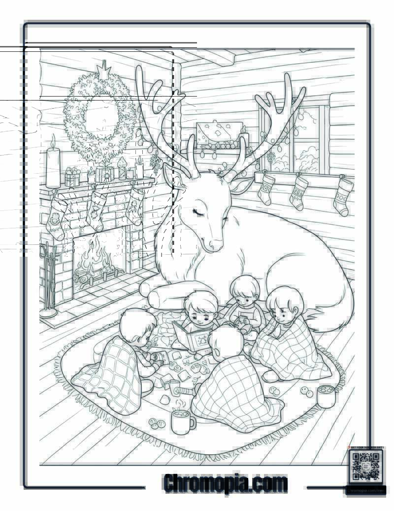 Rudolph In Cabin With Kids Coloring Sheet