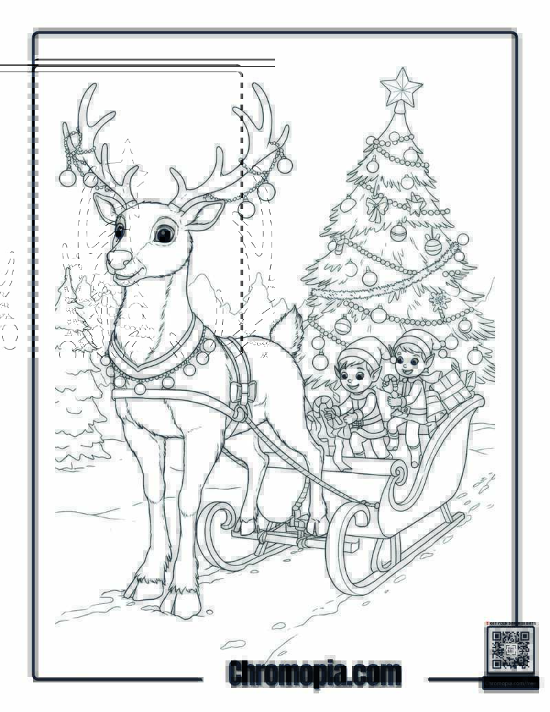 Rudolph Pulling Decorated Tree Coloring Page