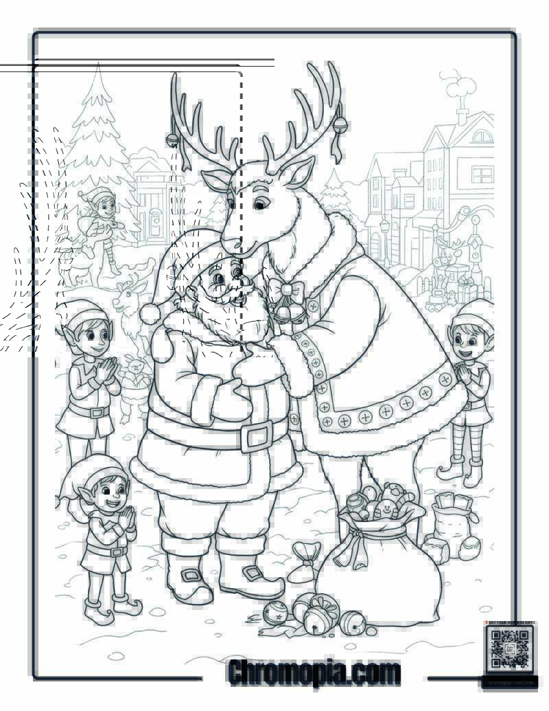 Santa Hugging Huge Rudolph Coloring Sheet