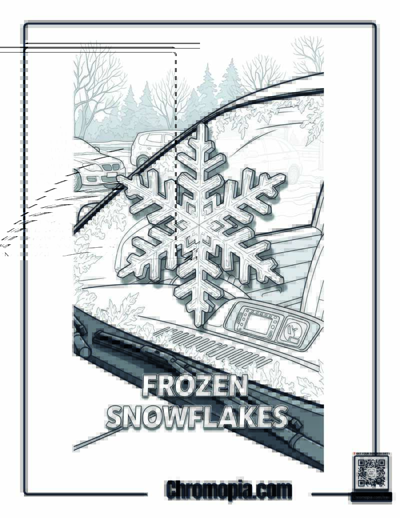 Car Windshield Frost Snowflakes Scene Coloring Sheet